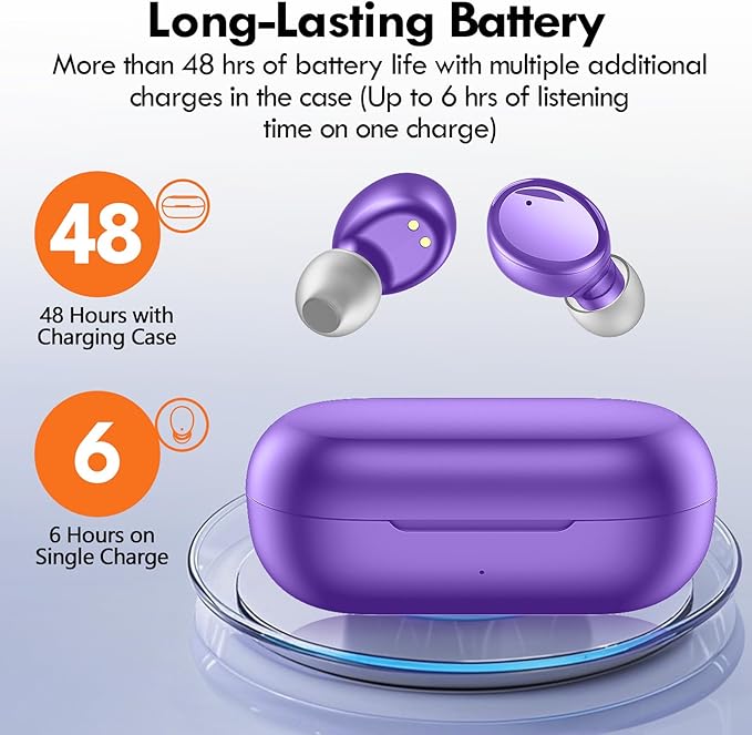 Lanteso True Wireless Bluetooth 5.4 Earbuds, 48H Playtime,Light Weight Headphones in Ear Buds Built in Mic Headset Premium Sound with Deep Bass,Clear Calls Earphones for Sports Workout Purple