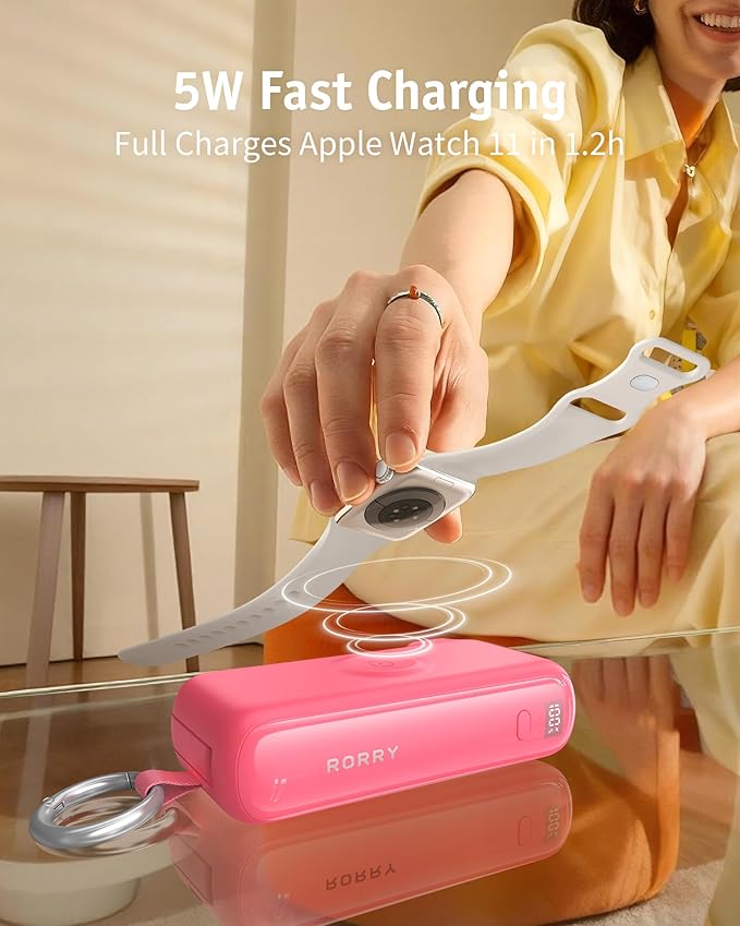 RORRY Flow Portable Charger, 10000mAh 40W Fast Charging Power Bank with Built-in USB C Cable and Foldable Wall Plug, Battery Pack Travel Essentials for iPhone 17/16/15, Apple Watch, iPad, MacBook