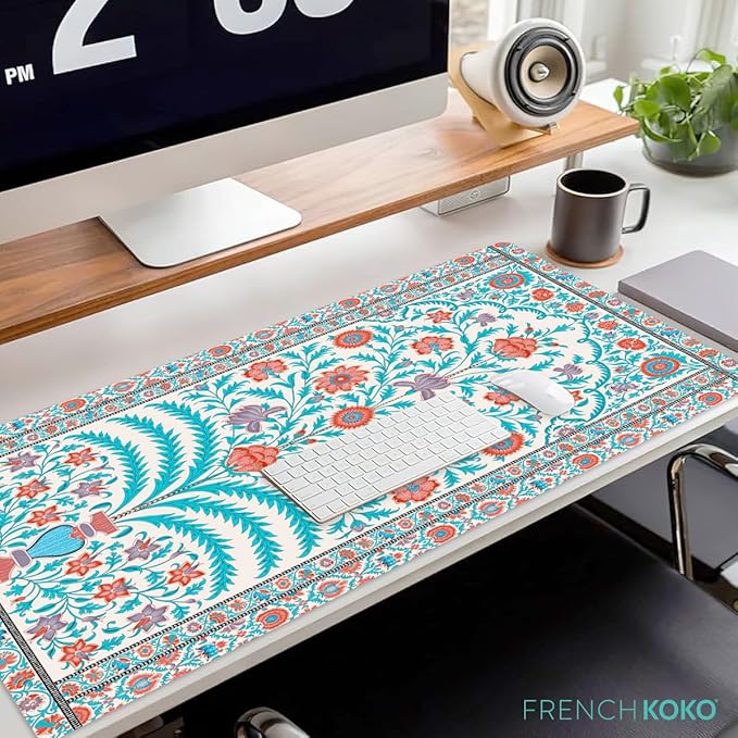 French KOKO Large Desk Mat 36" x 16.5" – Boho Floral Tapestry Mouse Pad for Keyboard & Mouse – Non-Slip Waterproof Desk Protector Aesthetic Office Pad for Women