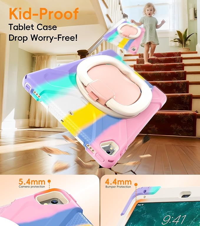 BATYUE Case for iPad 6th Generation 9.7 inch 2018, iPad 5th Gen 2017, iPad Air 2/ iPad Pro 9.7'',Shockproof Protective Cover with Pencil Holder &Rotating Bracket &Shoulder Strap (Colourful Pink)