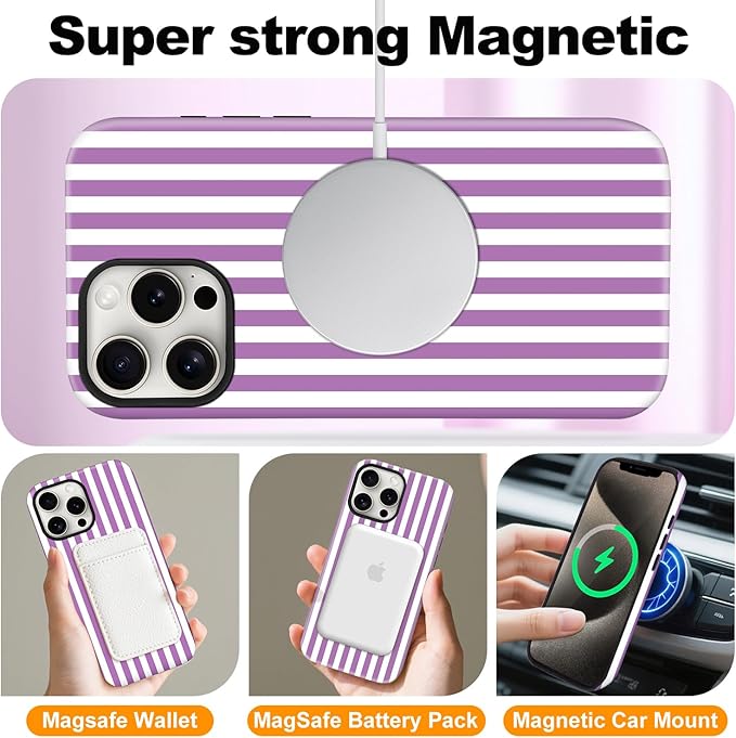 Magnetic for iPhone 13/14 Case Cute Stripes Phone Case, Shockproof Slim TPU and Hard PC Protective Phone Cover Compatible with MagSafe Designed for Women Girls, Purple