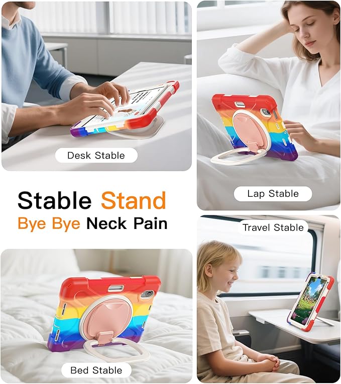 BATYUE Case for iPad mini 7 A17 Pro 2024/iPad Mini 6 2021 8.3 Inch with Pencil Holder, 360 Rotating Stand, Shoulder Strap, Handle Grip, Shockproof Rugged Case for iPad mini 7th/6th Gen, Colourful Red