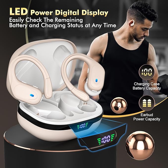 HAOYUYAN Wireless Earbuds, Sports Bluetooth Headphones, 80Hrs Playtime Ear Buds with LED Power Display, Noise Canceling Headset, IPX7 Waterproof Earphones for Workout/Running (Camel)