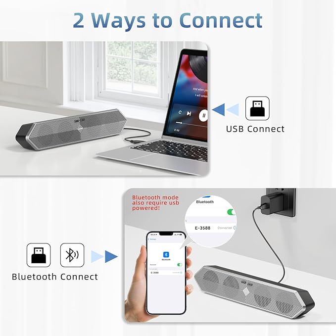Computer Speakers for Desktop Pc, Wired USB Powered Bluetooth PC Speakers with Stereo Clear Sound, Gaming Speakers Sound Bar for Computer Desktop PC Laptop Monitor, Bluetooth & USB Input Black