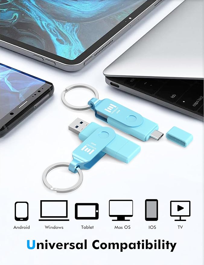 MOSDART 64GB USB C 3.2 Fast Speed C and A Dual Flash Drive, exFAT Memory Stick with Keychain and LED Indicator, for iPhone 15,16,17, Android Phone, iPad, MacBook, and Other Laptops, Sky Blue