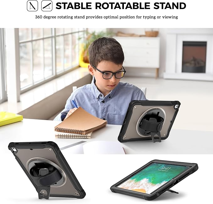 ProCase Rugged Case for iPad 9.7 Inch 5th 6th Gen/iPad Air 2 / iPad Pro 9.7 Case, Heavy Duty Shockproof Rugged Cover with Hand Strap 360 Degree Rotatable Kickstand Protective for iPad 9.7" -Black