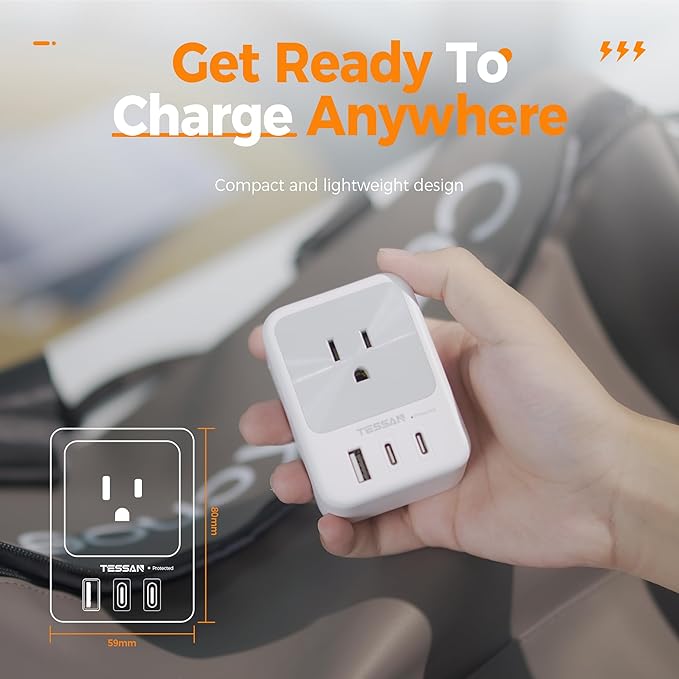 TESSAN Surge Protector Wall Outlet Extender, Multi Plug Outlet Splitter with 3 USB Charging Blocks(2 USB C), Multi Plug Wall Charger for Home, Office, School, College Dorm Essentials, Grey