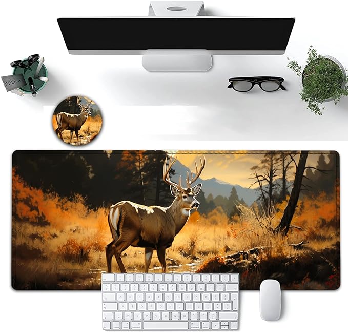 Large Mouse Pad, 31.5 x 11.8in Extended Gaming Mouse Pad with Stitched Edges, XXL Mousepad Protector Non Slip Rubber Base for Office and Home Writing Mat, Cute Deer Forest Pattern Desk Mat