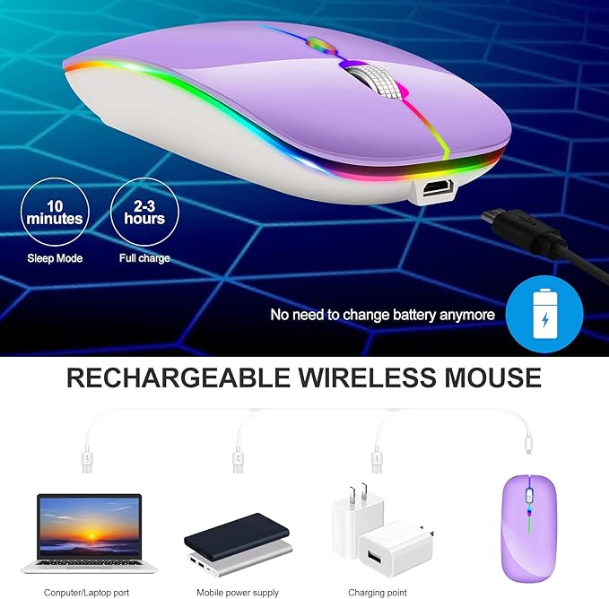 KLO Rechargeable Bluetooth 5.2/3.0/Type-C/USB-2.4G Mouse for MacBook/MacBook air/Pro/iPad, Wireless Mouse for Laptop/Notebook/pc/iPad/Chromebook (2/Purple)