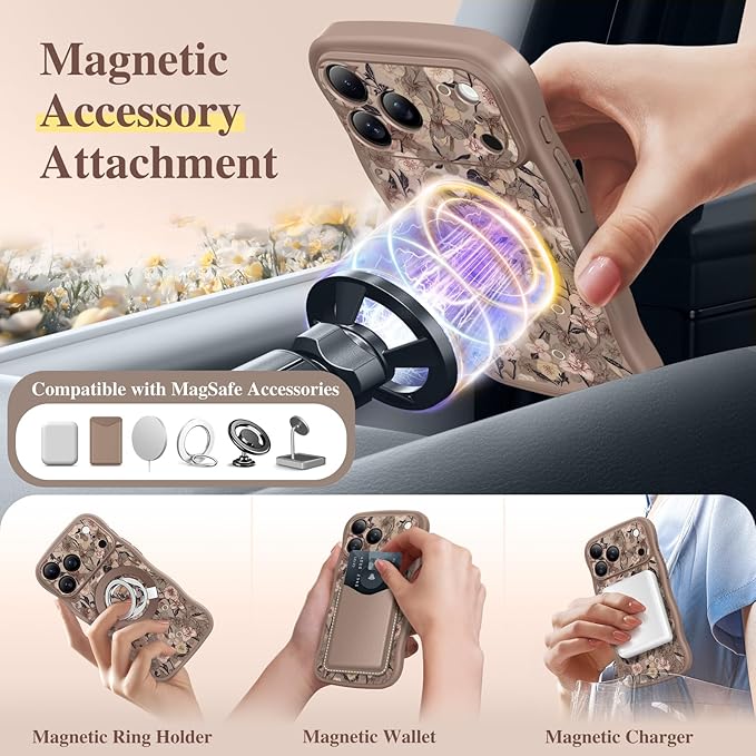 GVIEWIN for iPhone 17 Pro Max Case Compatible with MagSafe [Curly Wave Edge][Full Camera Protection] Floral Translucent Shockproof Magnetic Women Phone Case for 17 Pro Max, Apricot Blossom/Brown