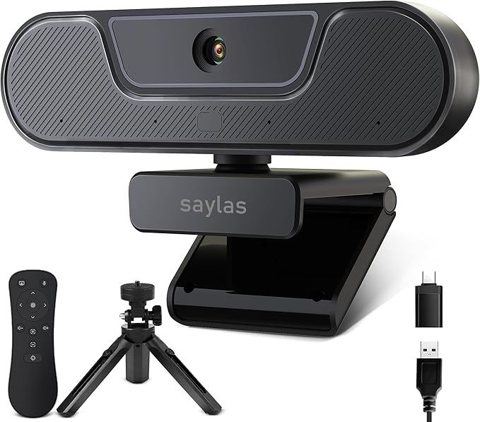 saylas 4K Webcam with Microphone and Speaker, Wide Angle 112°, Remote Control, Autofocus, Digital Zoom, Privacy Cover, Plug & Play Web Streaming Camera for Computer, USB Webcam for Pc