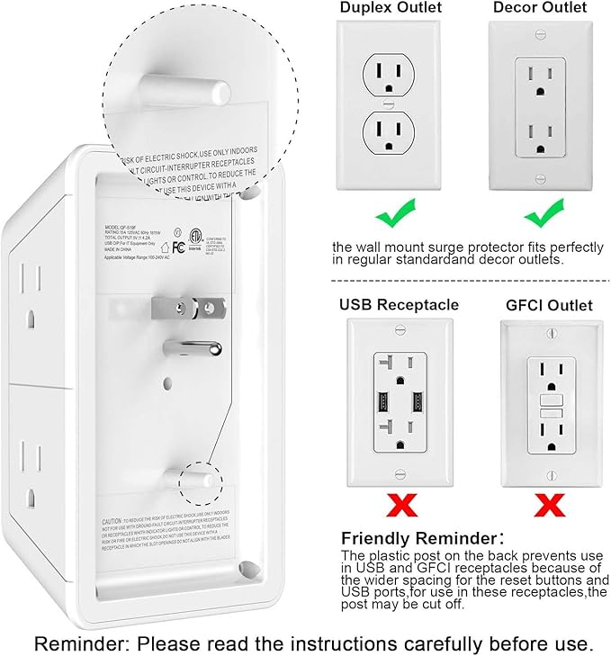5 Outlet Extender Multi Plug Wall Outlets with 4 USB Charging Ports (1 USB C Outlet), 3 Sided 1680J Surge Protector Power Strip USB Wall Charger for Home, Office, Travel, ETL Listed, White