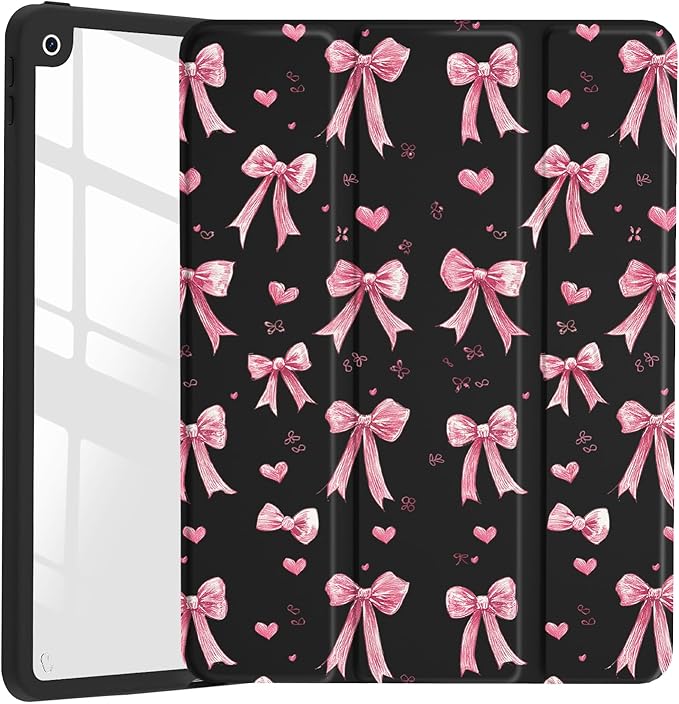 JOYLAND Cartoon Pink Bowknot Case for iPad mini 7th(A17 Pro) 2024 / Mini 6th Generation 8.3" 2021,Clear Transparent Acrylic Hard Back Black Case with Pencil Holder Trifold Stand Tablet Cover