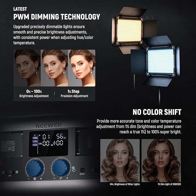 NEEWER 2 Pack RGB1200 LED Video Light with APP/2.4G Control, Key Lighting Kit with Tripod Stands & Bag for Streaming Recording Studio Photography, 60W/22000Lux/1% Min Dimming/360° RGB/CRI97+/TLCI98+