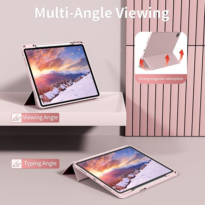 for iPad Pro 13 inch Case (M5/M4) 2025/2024, Slim Protective Cover with Pencil Holder, Soft TPU Back Cover, Trifold Stand, Auto Wake/Sleep, A2925 A2926 A3007 A3362 A3359 (Pink)