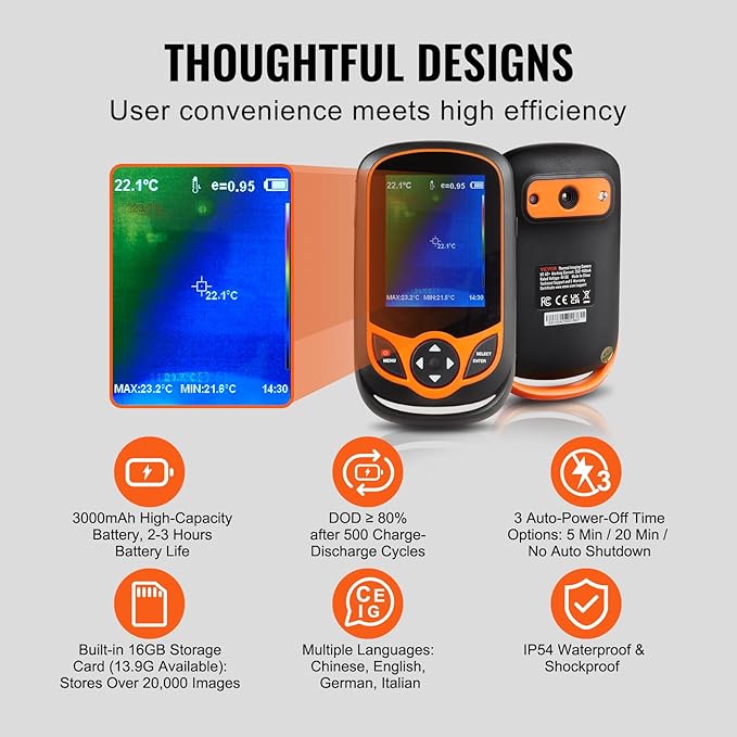 VEVOR Thermal Imaging Camera, 256 x 192 IR Resolution Pocket Infrared Thermal Imager with WiFi, 25Hz Refresh Rate Thermal Camera Pocket with 3.2" Touch Screen, 0.3MP Visual Camera, -4℉-1022℉, IP54