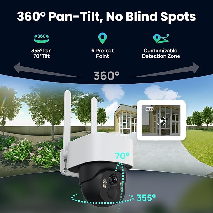 4G LTE Cellular Solar Security Camera Wireless Outdoor, No WiFi Solar Powered Cameras, 4MP PTZ 360° View, Motion Tracking, Color Night Vision, AI Detection, Built-in eSIM (No SIM Card Needed)