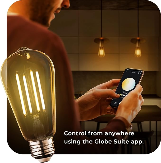 Globe Electric 34919 Wi-Fi Smart 5.5W (60W Equivalent) Straight Filament Tunable White Amber Glass LED Light Bulb, No Hub Required, Voice Activated, 2000K - 5000K, Vintage Edison Style, 500 Lumns