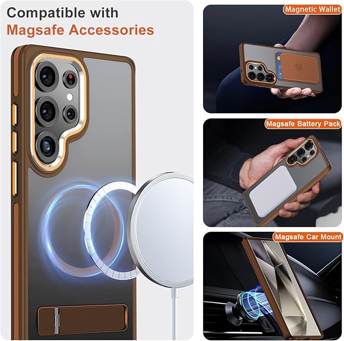MALEWOLF Magnetic Case for Samsung Galaxy S25 Ultra, Compatible with Magsafe, [Invisible & Adjustable Stand] for Translucent Cover, Anti-Slip Shockproof Slim Phone Case for Galaxy S25 Ultra (Brown)