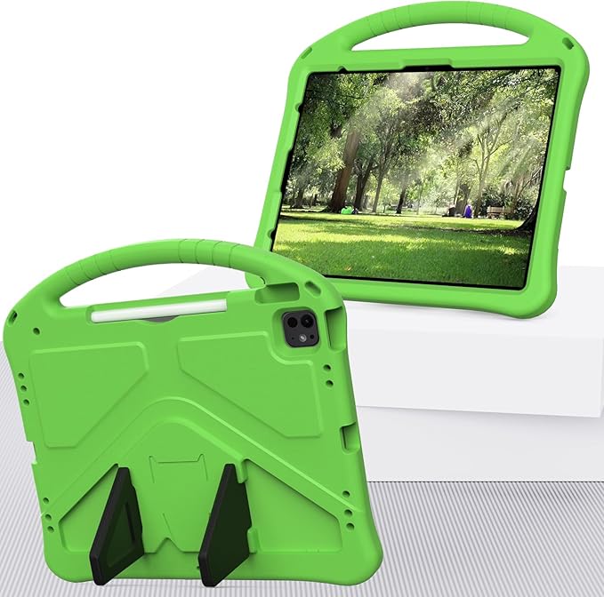 Kids Case for Apple iPad Air 13 M4 M3 M2 2026 2025 2024/ iPad Pro 13 M5 M4 2025 2024/ Pro 12.9" 2022/2021/2020/2018, EVA Shockproof Handle Kickstand Lightweight Cover with Shoulder Strap, Green