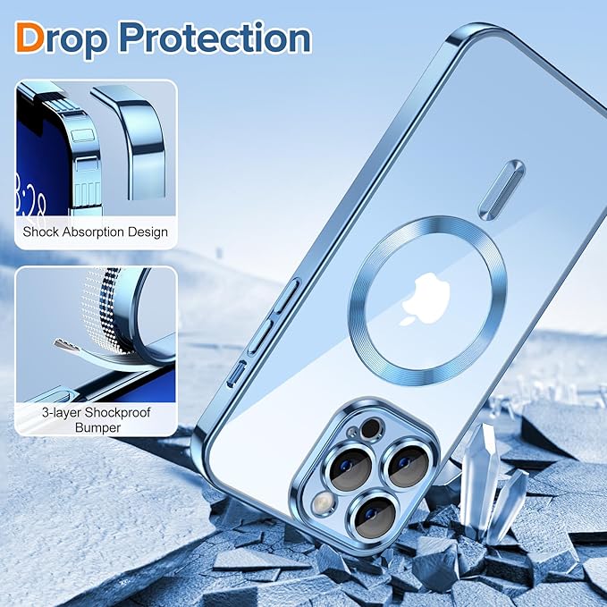 Hython Magnetic Clear for iPhone 13 Pro Case with Camera Lens Protector [Compatible with MagSafe] Luxury Plating Edge Slim Soft TPU Cover Protective Phone Case for iPhone 13 Pro 6.1", Light Blue