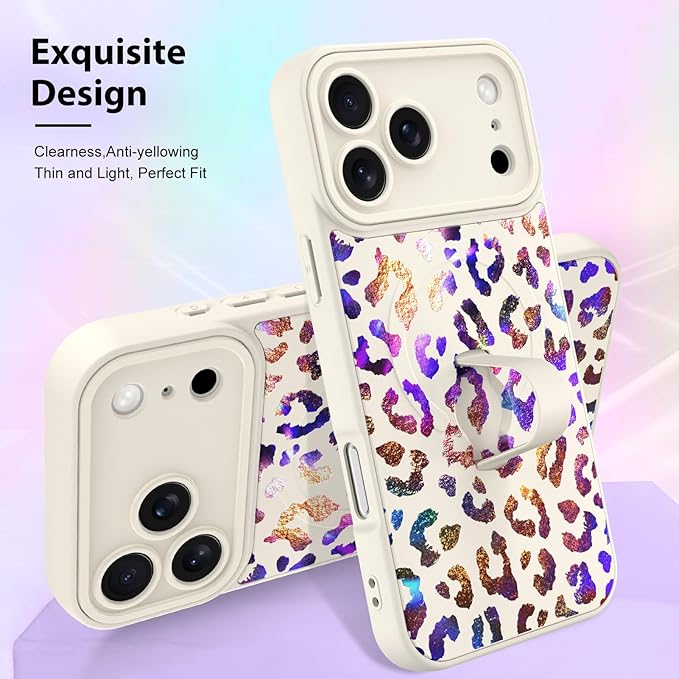 KANGHAR Compatible with iPhone 17 Pro Case, Support for MagSafe, Silicone Cute Iridescent Leopard Cheetah Pattern, Wristband Kickstand Shockproof Protective Slim Cover for Women Girls, White