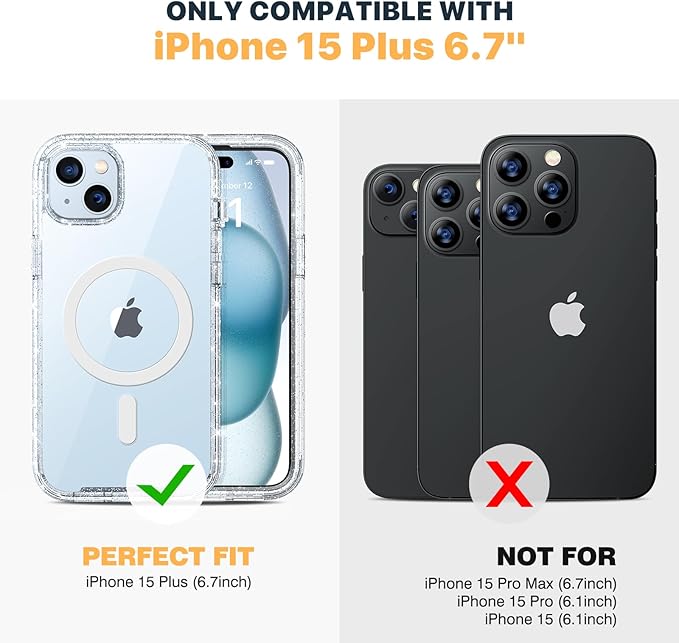 Diaclara Designed for iPhone 15 Plus Case 6.7'', [Compatible with MagSafe] Full Body Rugged Magnetic Case w/Built-in Sensitive Anti-Scratch Screen Protector+Glass Camera Lens Protector,Clear Glitter