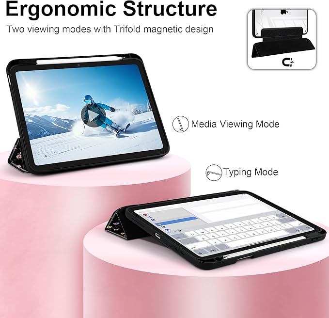 Case for iPad Air 11 inch M4 2026 M3 2025 M2 2024,iPad Air 5th (2022) / 4th (2020) 10.9 Inch Clear Back Shell Lightweight Shockproof TPU Trifold Stand Auto Wake Sleep Cute Cover, Flowers