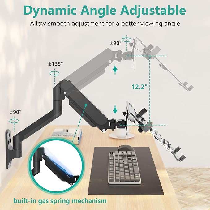 WALI Laptop Wall Mount, Single Monitor Arm for 17" Notebook and Up to 32" Screen, Full Motion Adjustable Monitor Wall Mount with Laptop Tray, VESA 75x75/100x100, Up to 15.4-22 Lbs (GSWM001LP), Black