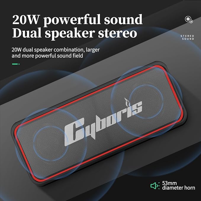 CYBORIS Portable Bluetooth Speaker, Wireless Speakers with 20W HD Sound, IPX7 Waterproof, Bluetooth V5.3, Dual Stereo Pairing, 30H Playtime for Home, Outdoor, Travel, Party, Beach