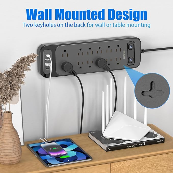 HITRENDS 12-Outlet Surge Protector Power Strip with 2 USB A + 2 USB C, 6FT Flat Plug Extension Cord, Dual Switches, Wide Spacing, 1250W/10A Multi Plug Outlet for Home Office Dormitory, Black
