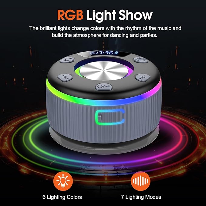 Bluetooth Shower Speaker, Portable Bluetooth 5.3 Speakers Wireless with Time Display, IP7 Waterproof Speakers with RGB Light, Suction Cup, Mini Stereo Speaker for Bathroom Party Beach Outdoor, Gray