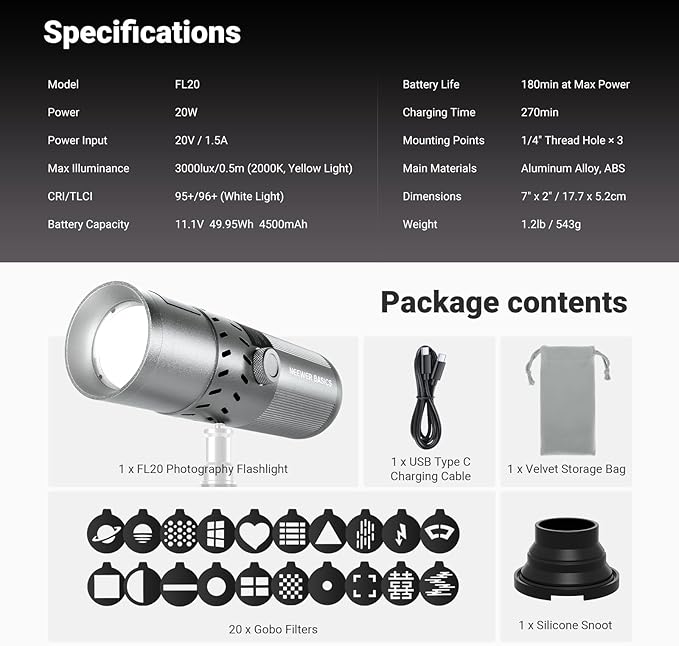 NEEWER BASICS 20W RGB Photography Flashlight with 4 Colors/20 Gobo Filters, Built in 49.95Wh Battery, 6300K CRI95+ Portable LED Spotlight Ambient Sunset Light for Video Recording Studio Lighting, FL20