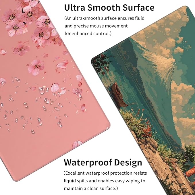 AQQA Pink Japanese Desk Mat with Stitched Edges,31.5" x 15.7" Large Dual-Sided Cherry Blossom Mousepad for Women,Mouse Pad Protector with Waterproof for Laptop Office Accessories