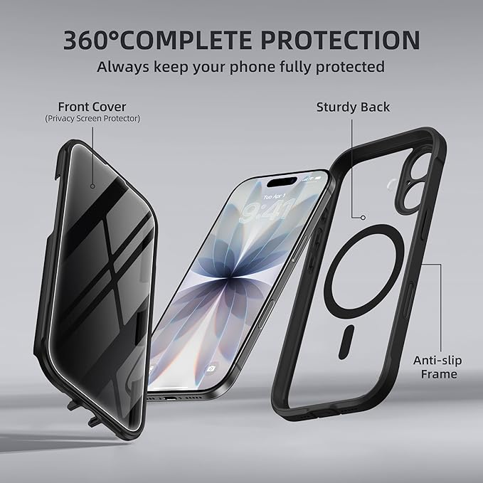 BERFY for iPhone 17 Case, Compatible with MagSafe, Built-in Privacy Screen Protector, Camera Protection, Shockproof Full Body Phone Case 6.3", Clear Black