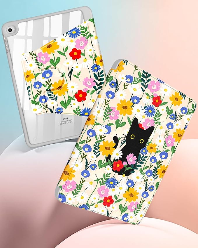 Uppuppy for iPad mini 4 Case for iPad mini 5th Generation Case - 360 Rotating Stand Folio Smart Cover with Pencil Holder for Women Girls, Cat and Flowers for Apple Tablet Mini 7.9 inch 2019/2015
