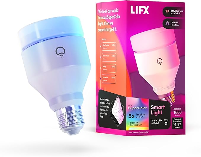 LIFX Supercolor A21 Smart Light Bulb, 1600 Lumens 100W Equivalent, Color Changing RGB + Tunable White, Dimmable E26, Matter Compatible, Works with Apple HomeKit, Alexa & Google Home, No Hub Required