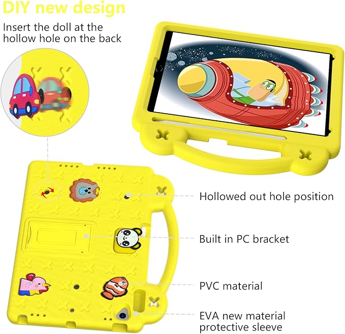 Dteck for iPad 9th/8th/7th Generation 10.2" Kids Case,Cartoon Panda Shockproof Rugged Lightweight Convertible Handles Stand Kid Friendly Case with Pencil Holder for iPad 10.2 2021/2020/2019,Yellow