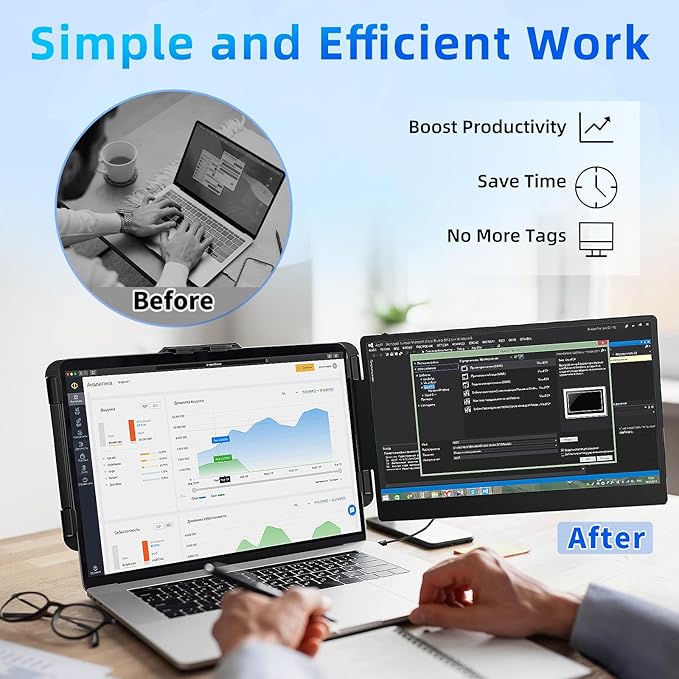 Laptop Screen Extender Travel Monitor - 14" Dual Portable Monitor IPS FHD 1080P Travel Work Extra Screen Plug n Paly USB-C HDMI Port Compatible with Wins Mac Chrome Dex Fits 13-17" Laptops