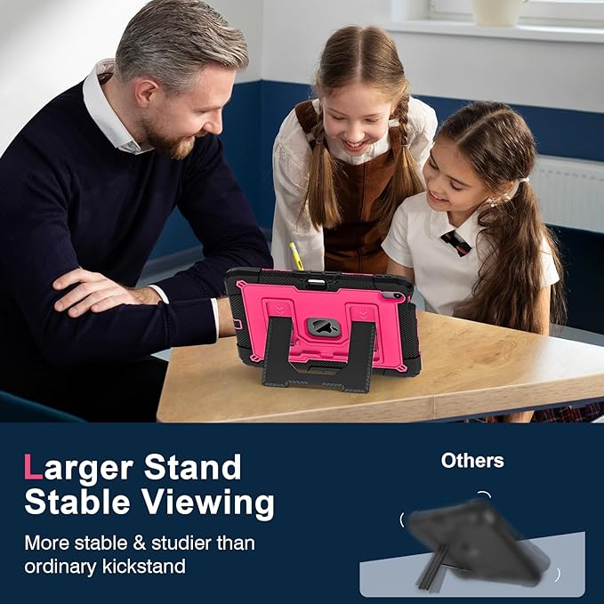 Kids Friendly Case for iPad Air 11 Inch M4 M3 M2 2026/2025/2024 Case with Pencil Holder & Shoulder Strap, Military Grade Shockproof Kickstand Hard Shell Protective Cover,Black+Rose