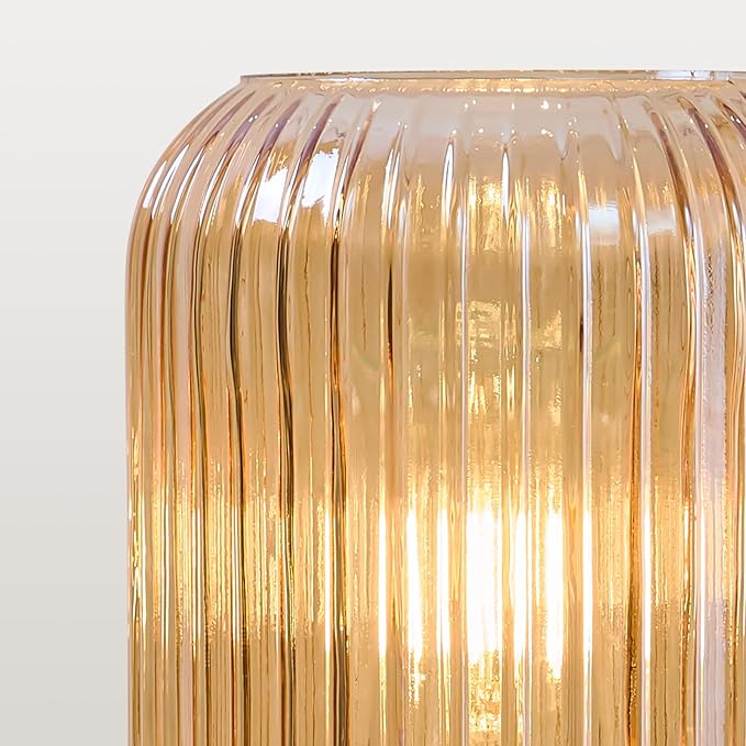 Mid Century Modern Table Lamp: Vintage Amber Ribbed Glass Globe Dimmable Plug in Small Bedside Lamps - Cute Brass Gold Side Table Lamp Nightstand Light for Bedroom Entryway Office Desk Living Room