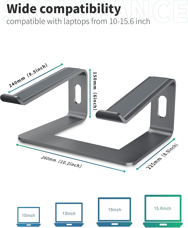 SOUNDANCE Laptop Stand, Aluminum Computer Riser, Ergonomic Laptops Elevator for Desk, Metal Holder Compatible with 10 to 15.6 Inches Notebook Computer, Black
