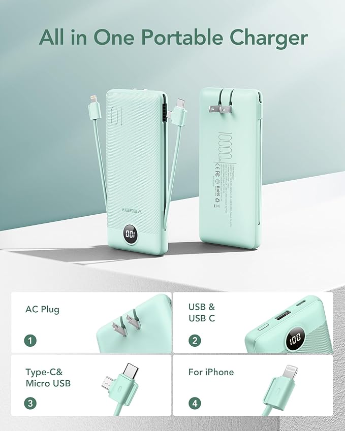 VEGER Portable Charger with Built-in AC Plug and Cables, All in One 10000mAh Ultra Slim Power Bank Travel Essentials, Fast Charging Battery Pack Compatible with iPhone, Samsung, Android (Green)