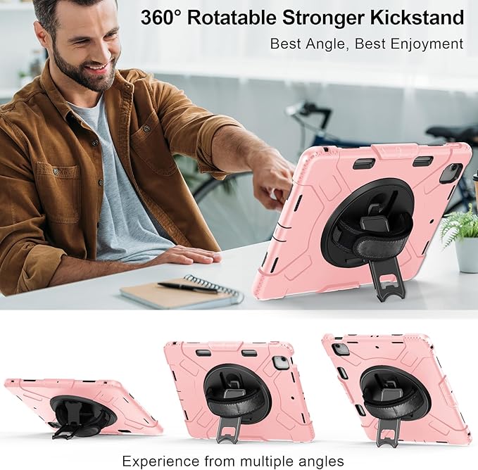 Case for iPad Air 13 Inch M4/M3/M2 (2026/2025/2024): Silicone Shockproof Case with Screen Protector - Stand - Handle - Shoulder Strap - Pen Holder- Pink