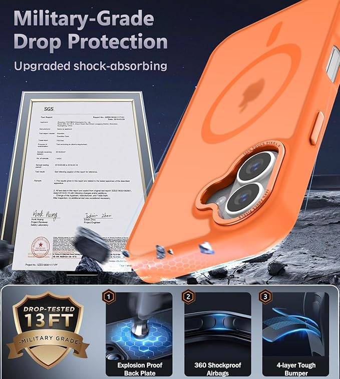 Newfuture Designed for iPhone 16 Case with Magnetic [13 FT Military Drop Protection] [Compatible with Magsafe] Slim Translucent Matte Shockproof with Anti-Fingerprint Phone Case, Orange