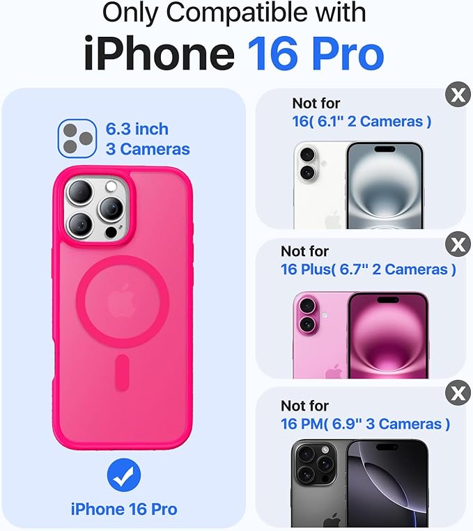 Magnetic for iPhone 16 Pro Case, [Compatible with MagSafe][Military-Grade Drop Protection][Anti-Yellowing] Shockproof Protective Translucent Matte Cover for iPhone 16 Pro Phone Case,Hot Pink