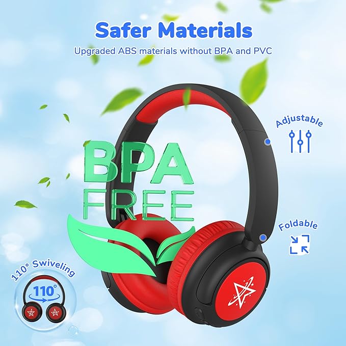 iClever BTH22 Kids Bluetooth Headphones, 60H Play Time, 74/85 dBA Safe Volume, Bluetooth 5.4, USB C, Over Ear Kids Headphones Wireless with Mic AUX Cord for iPad/Tablet/Travel/School, Red