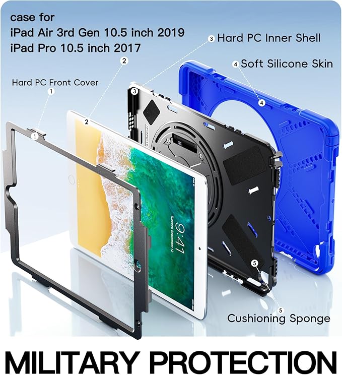BRAECN Case for iPad Air 3rd Generation 2019 / iPad Pro 10.5 inch 2017, Rugged Heavy Duty Shockproof Cover with Pencil Holder, 360° Rotating Kickstand & Adjustable Hand Strap & Shoulder Strap for Kids
