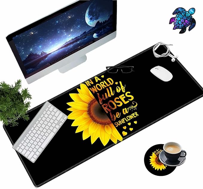 Desk Pad Mat Large Mouse Pad XL Extended Mousepad Gaming with Sunflower Black 31.5" *11.8" Huge Mouse Pads for Computer Laptop Home Office + Cup Coaster