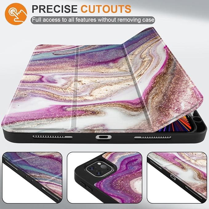 DONGKE Case for 2022/2021/2020/2018 iPad Pro 11 inch Gen 4/3/2/1 - Slim Protective Case - Built in Pencil Holder Support Charging - Trifold Stand & Sleep/Wake Cover- Pink Marble